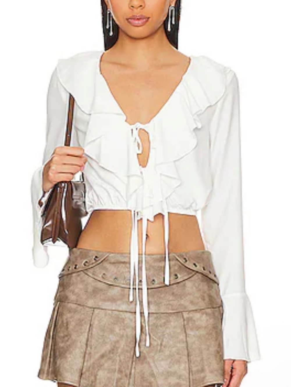 More To Come Denise Ruffle Tie Top Ivory Blouse Flared Cuffs Revolve M